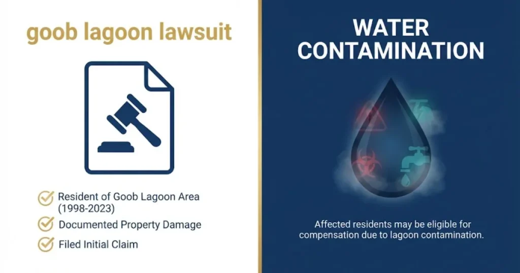 goob lagoon lawsuit eligibility graphic with document icons and water contamination symbols