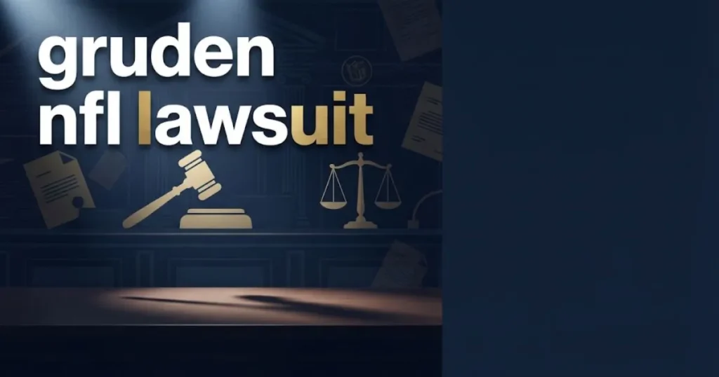 _gruden nfl lawsuit hero banner with courtroom imagery and bold gold typography on navy background