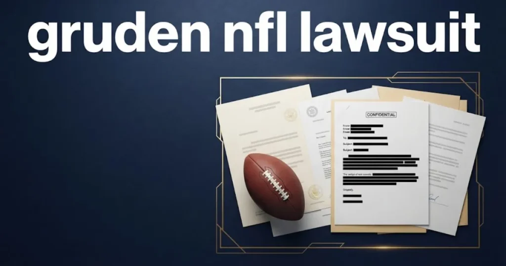gruden nfl lawsuit supporting graphic showing legal documents and football on dark navy desk surface