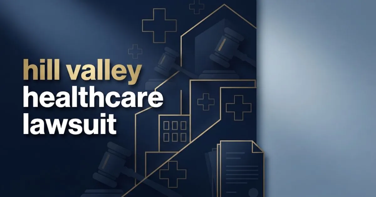 hill valley healthcare lawsuit banner with medical and legal icons on navy background