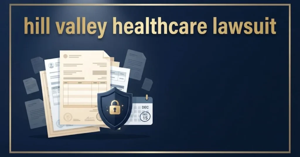 hill valley healthcare lawsuit graphic with billing documents and data shield icons