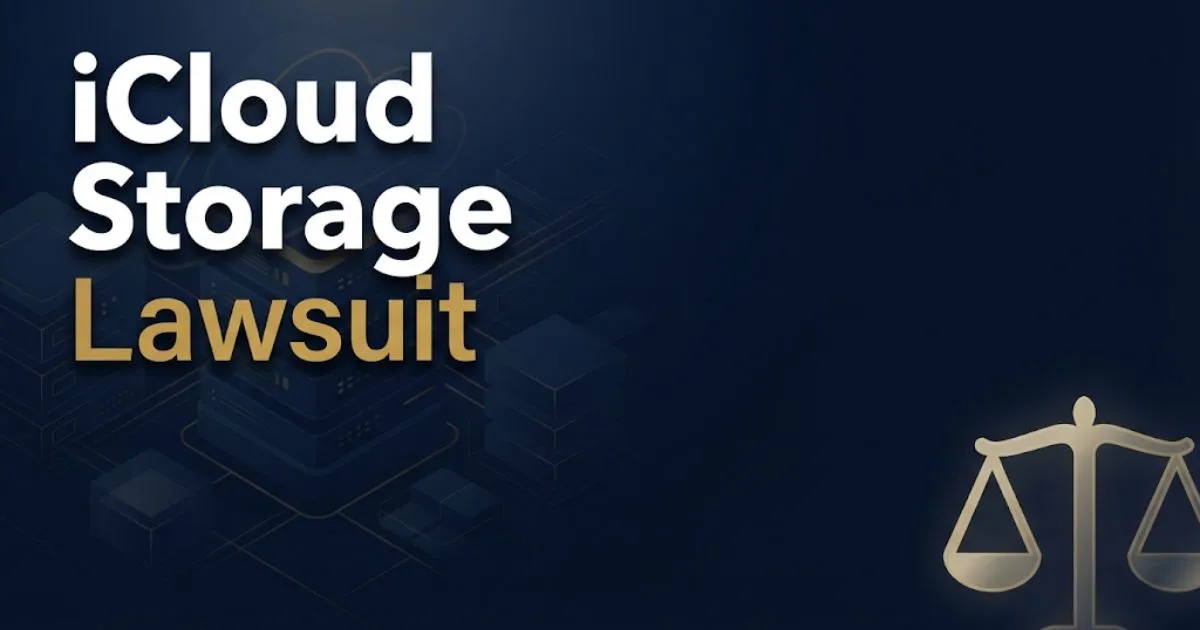 iCloud storage lawsuit hero banner with navy blue background, gold scales of justice icon, and bold white headline text