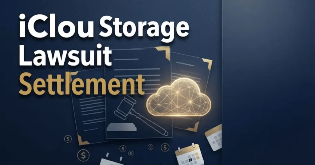 iCloud storage lawsuit settlement graphic with legal documents, gavel silhouette, cloud icon, and gold accent details on navy background