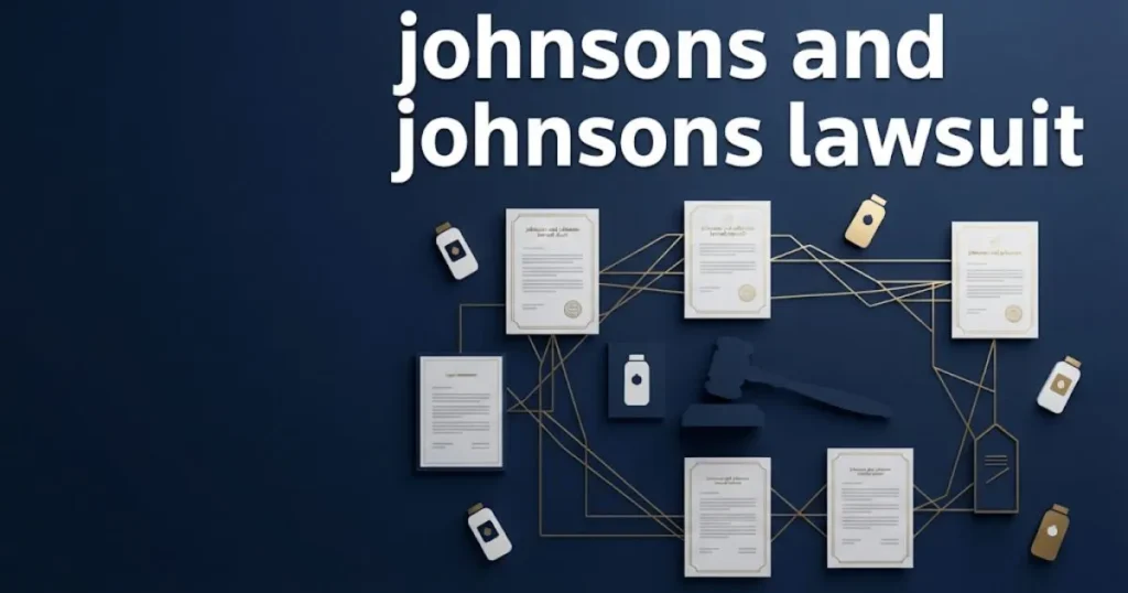 johnsons and johnsons lawsuit settlement graphic with legal documents and gavel on navy background