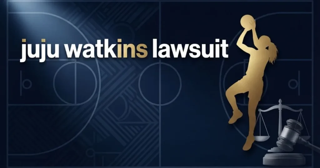 juju watkins lawsuit hero banner with basketball silhouette and legal symbols on navy background