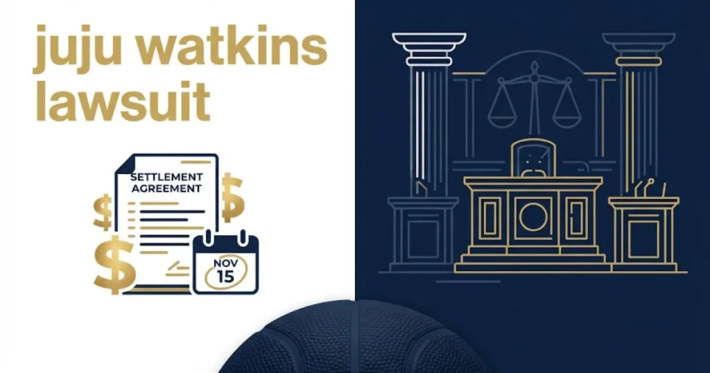 juju watkins lawsuit settlement graphic with courtroom and document icons in navy and gold