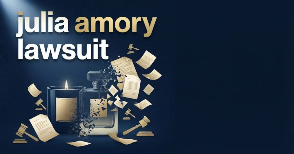 julia amory lawsuit hero banner with luxury brand imagery and legal document icons on navy background