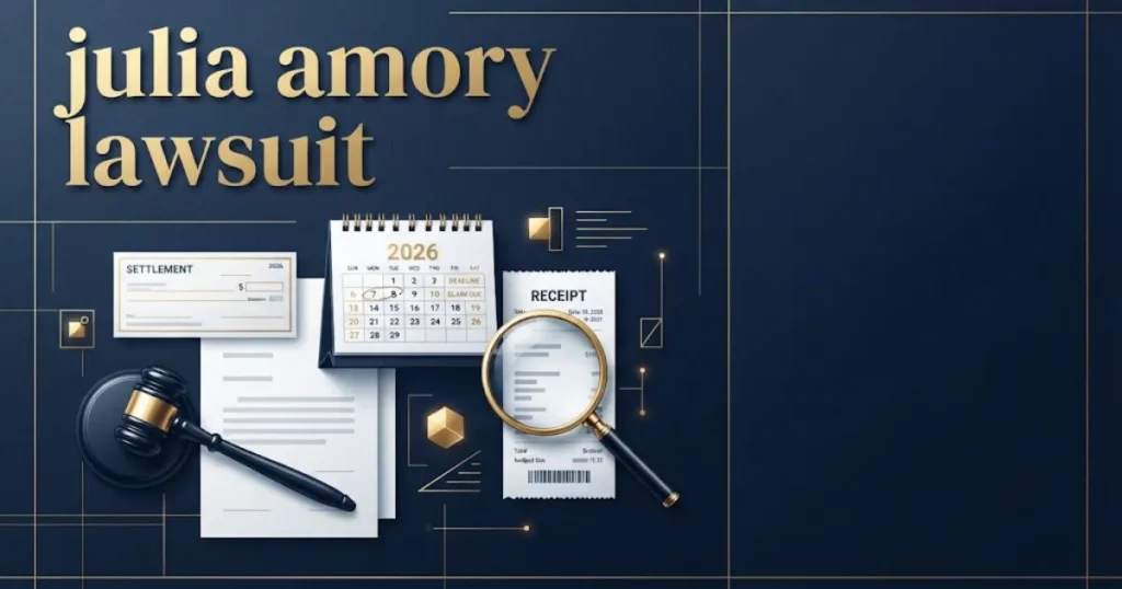 julia amory lawsuit settlement and eligibility graphic with calendar icons and consumer receipt on navy background