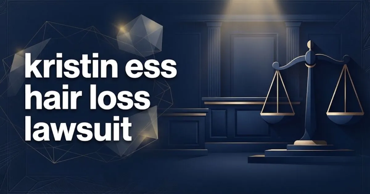 kristin ess hair loss lawsuit banner with scales of justice in navy and gold editorial design