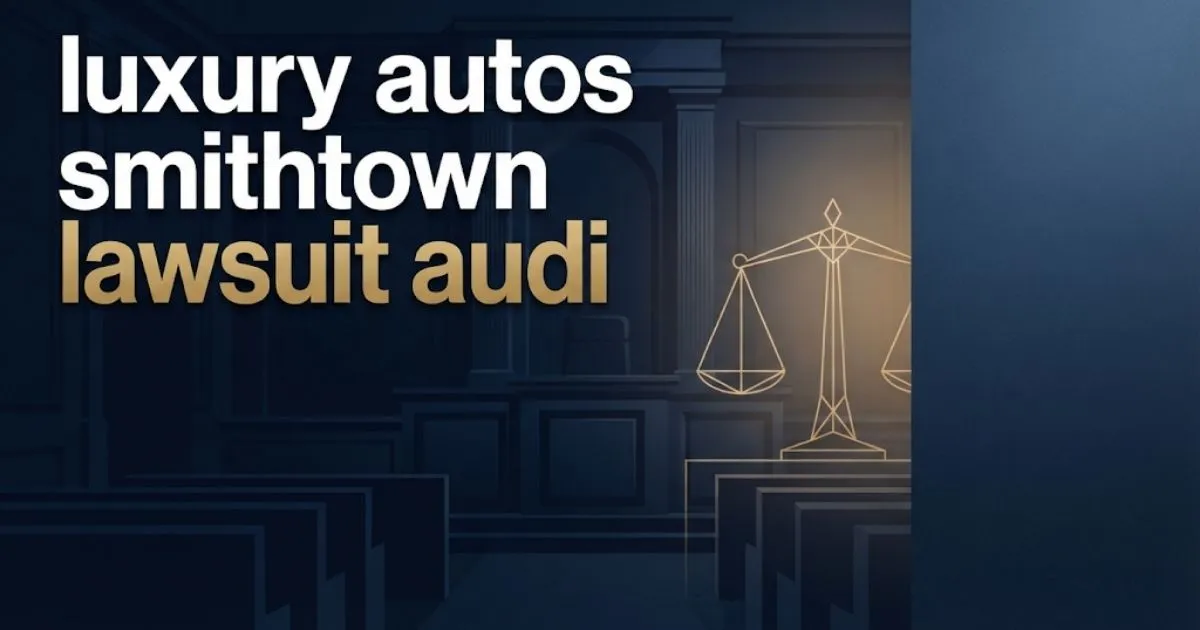 luxury autos smithtown lawsuit audi hero banner with courtroom scales of justice in navy and gold