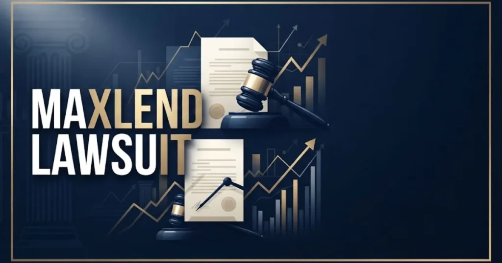 maxlend lawsuit hero banner with legal documents and financial graphics in navy and gold