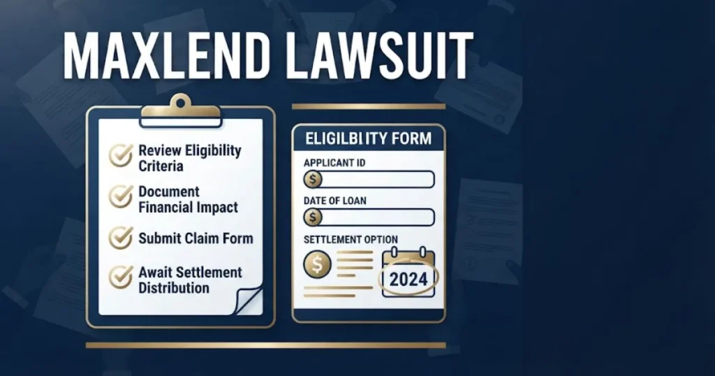 maxlend lawsuit settlement eligibility graphic with checklist icons in navy blue and gold