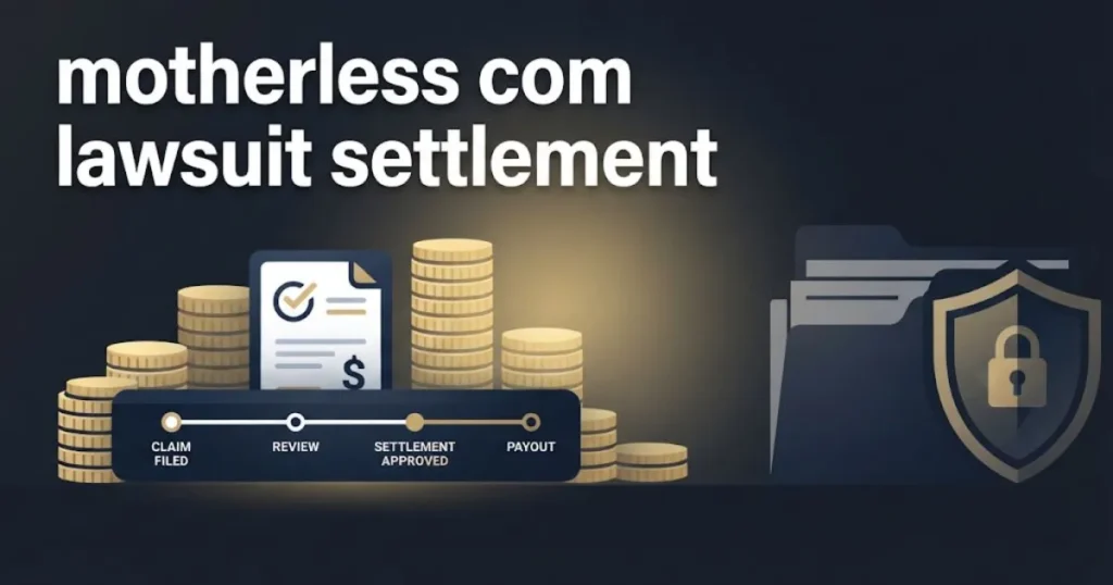 motherless com lawsuit settlement graphic showing compensation tiers and claim form icons in navy and gold