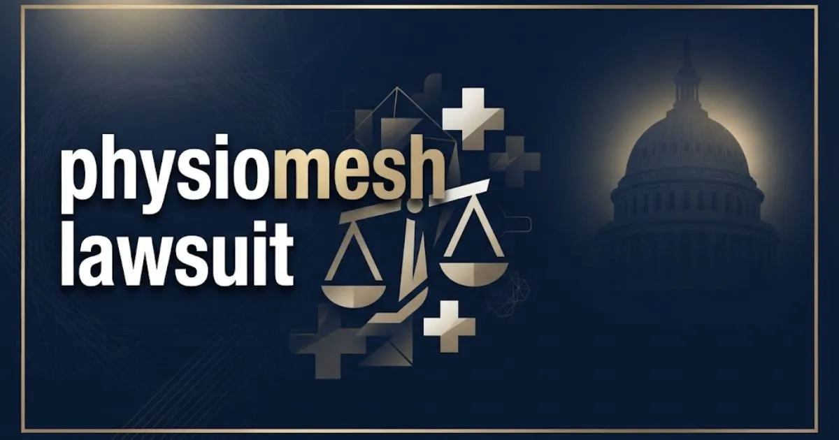 physiomesh lawsuit hero banner with legal and medical icons on navy background