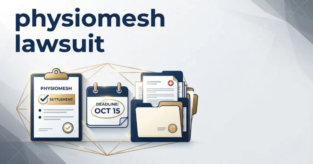 physiomesh lawsuit settlement and filing deadline graphic with legal icons
