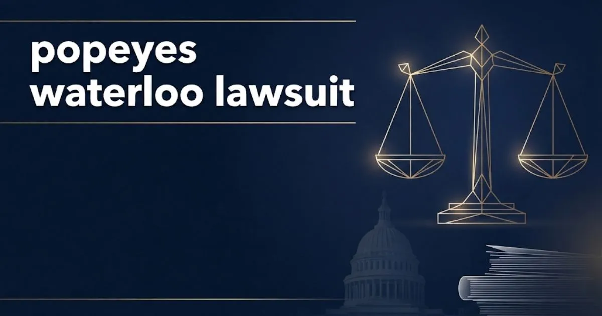 popeyes waterloo lawsuit hero banner with legal scales and courthouse silhouette in navy and gold