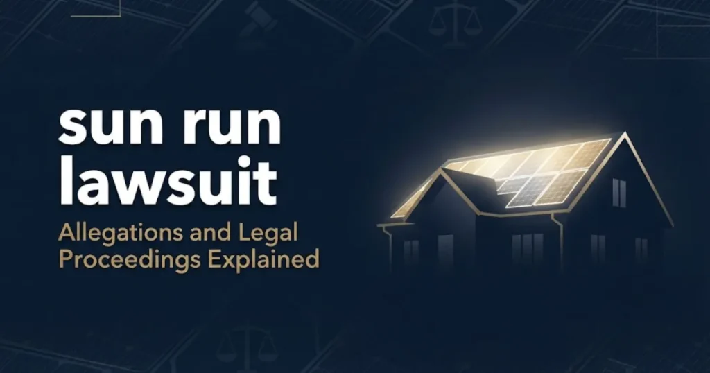 sun run lawsuit hero banner with solar home silhouette and legal symbols on navy background