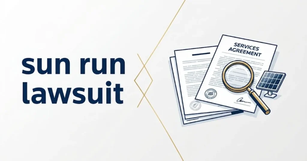 sun run lawsuit supporting graphic with contract documents and solar panel icon on white background