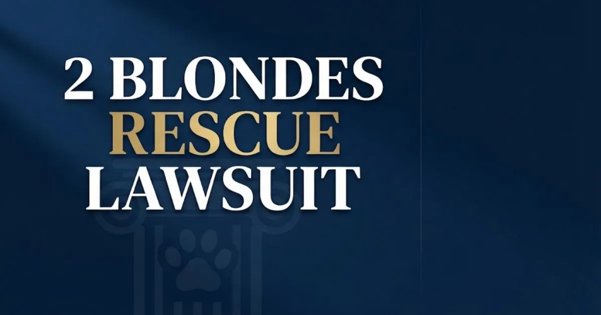 2 Blondes Rescue Lawsuit editorial banner with courthouse silhouette and navy gold design