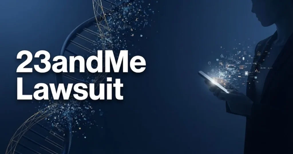 23andMe lawsuit hero banner showing DNA helix dissolving into digital data breach particles in navy and gold