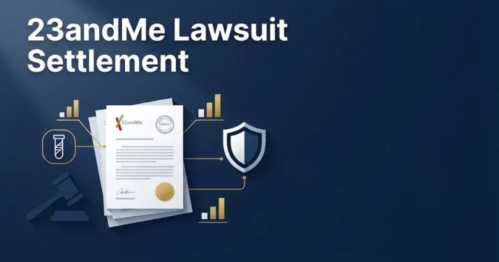 23andMe lawsuit settlement graphic with legal documents, DNA test tube icon, and payout tier charts in navy and gold