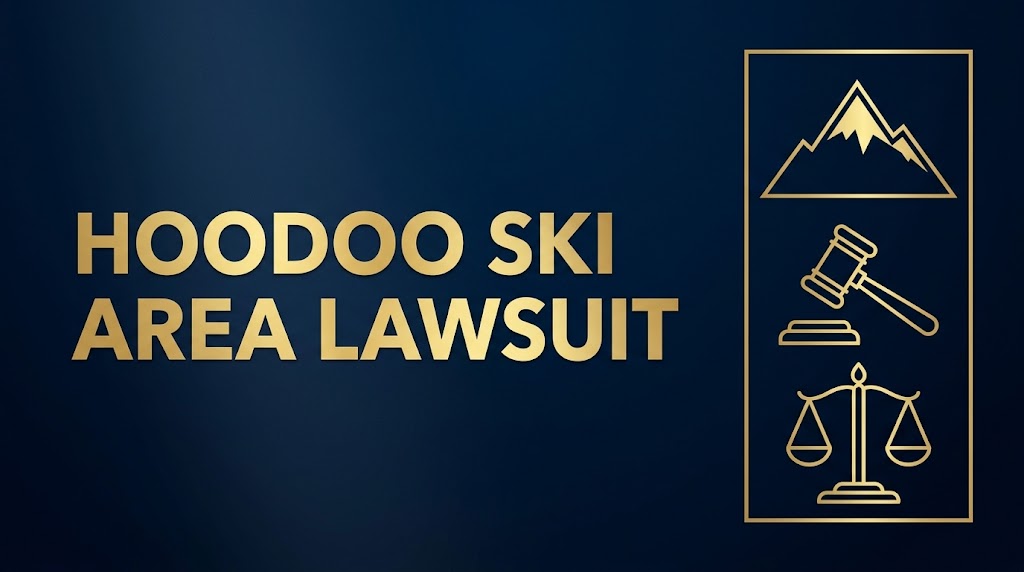 Hoodoo Ski Area lawsuit 2026 hero banner with gold title text and mountain silhouette on navy background.