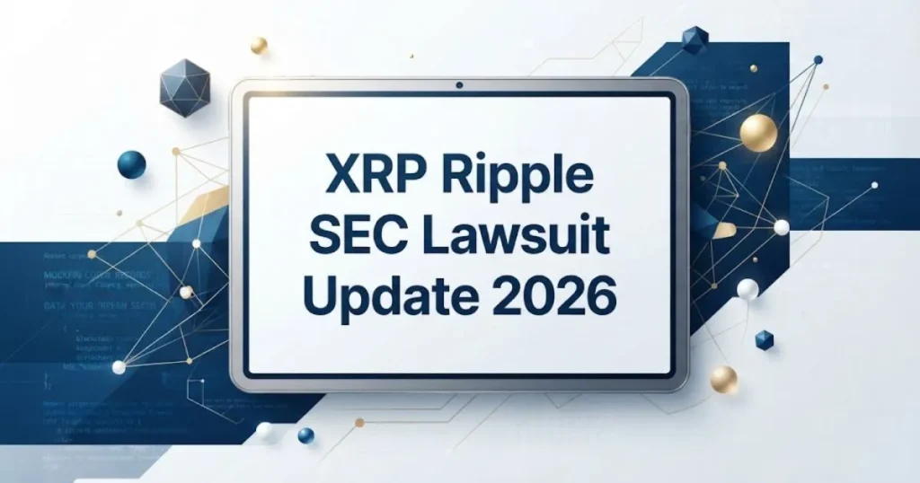 A clean digital document graphic showing the title XRP Ripple SEC Lawsuit Update 2026 on a digital tablet.