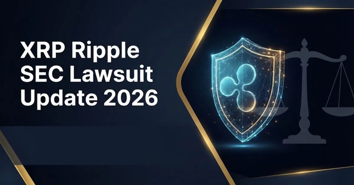 A professional legal graphic featuring the text XRP Ripple SEC Lawsuit Update 2026 next to a scale of justice.