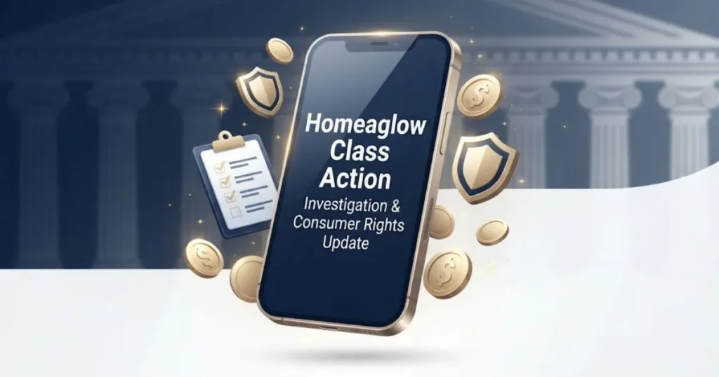 A smartphone displaying the text homeaglow class action surrounded by gold coins and legal icons for consumer billing protection.
