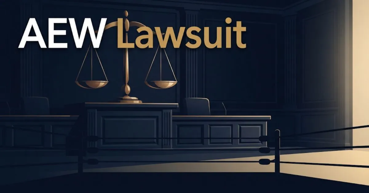 AEW Lawsuit hero banner with gold legal scales and wrestling ring silhouettes on dark navy background