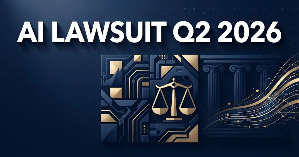 AI Lawsuit Q2 2026 hero banner with legal scales and digital circuit patterns in navy and gold