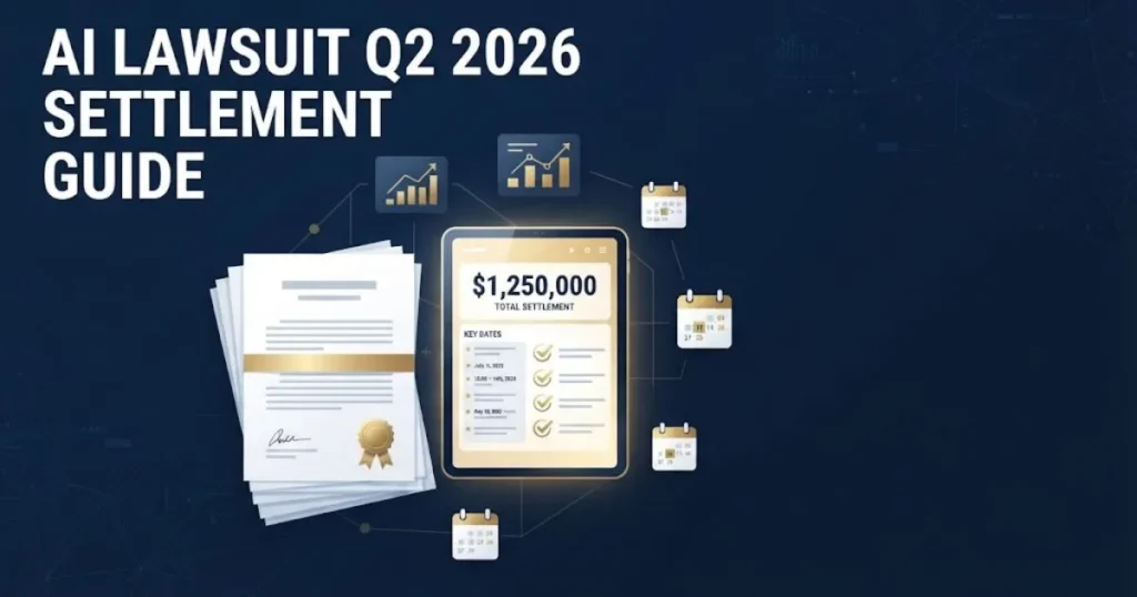 AI Lawsuit Q2 2026 settlement guide graphic with legal documents and digital payout charts