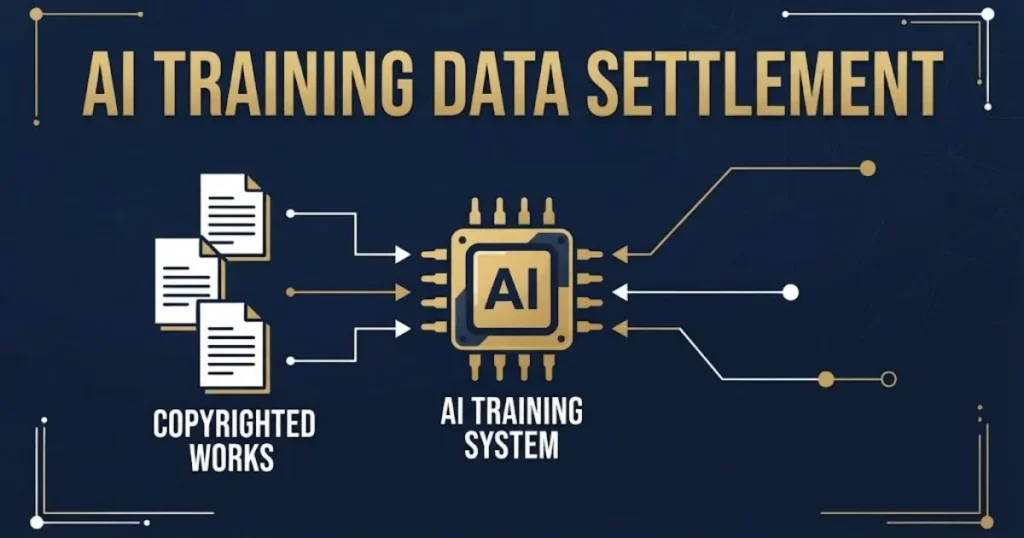AI training data settlement graphic showing documents flowing into AI chip for generative AI lawsuits February 2026.