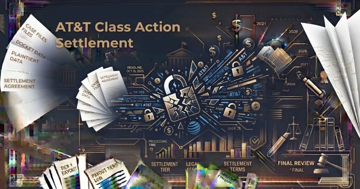 AT&T class action settlement hero banner with data breach imagery and legal symbols on navy background
