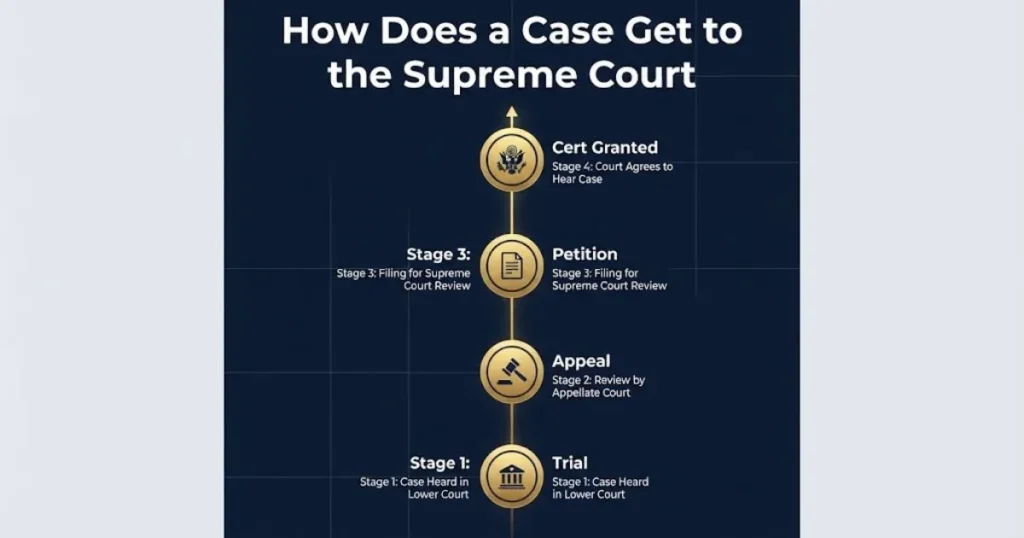Abstract timeline infographic showing how does a case get to the supreme court from trial to cert granted in navy and gold