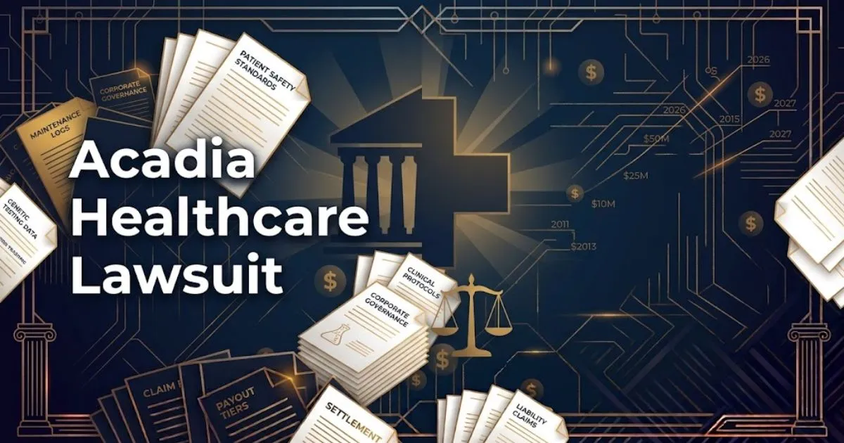 Acadia Healthcare Lawsuit hero banner with courthouse and medical cross silhouette in navy and gold