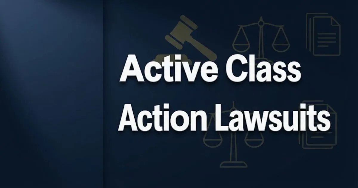 Active class action lawsuits hero banner with legal symbols and navy blue background