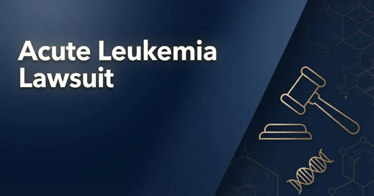 Acute leukemia lawsuit hero banner with legal symbols and DNA helix on navy background