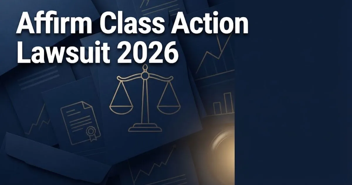 Affirm class action lawsuit 2026 hero banner with legal scales and financial document graphics on navy background