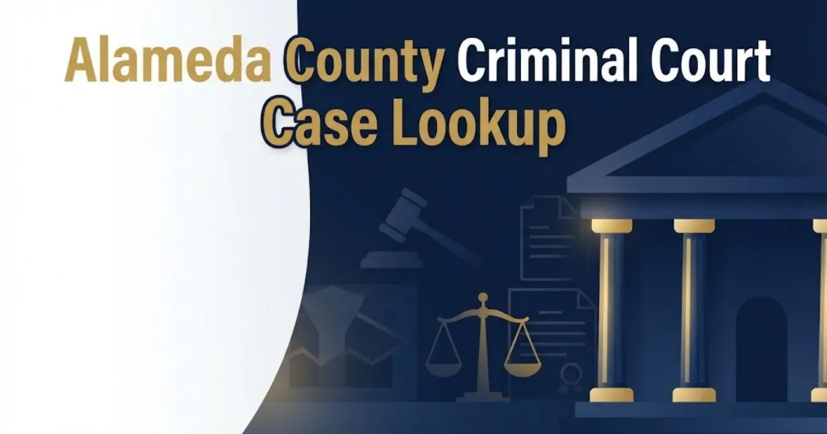 Alameda County criminal court case lookup banner with courthouse graphics and legal icons in navy and gold