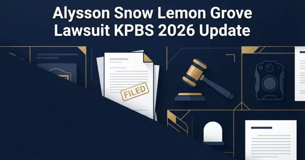 Alysson Snow Lemon Grove Lawsuit KPBS 2026 update graphic with legal documents and gavel icon in navy and white