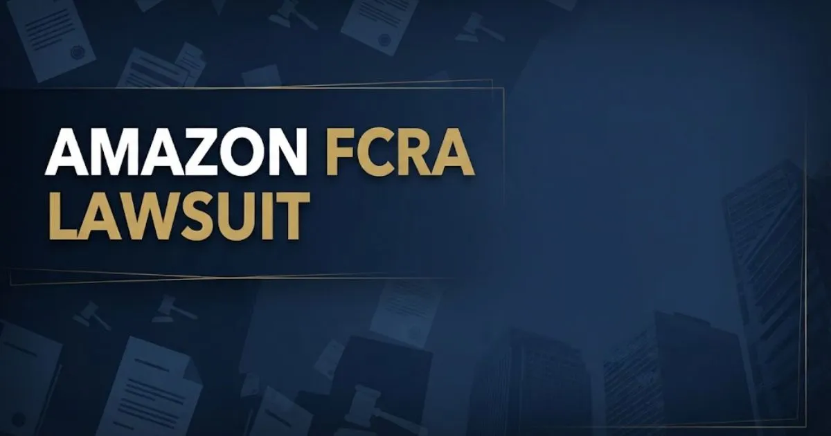 Amazon FCRA Lawsuit hero banner with legal document icons and navy blue background
