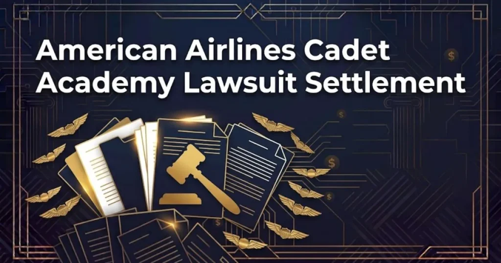 _American Airlines cadet academy lawsuit settlement graphic with legal documents and pilot badges
