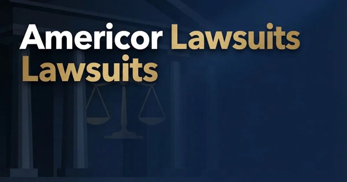 Americor lawsuits hero banner with courthouse imagery and gold scales of justice on navy background