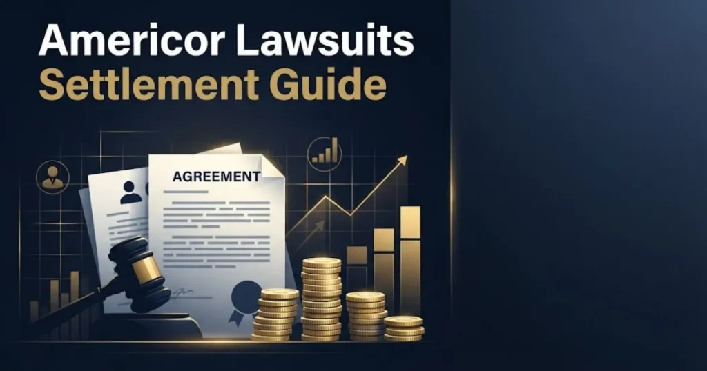 Americor lawsuits settlement guide graphic with legal documents and gold coin icons on navy background