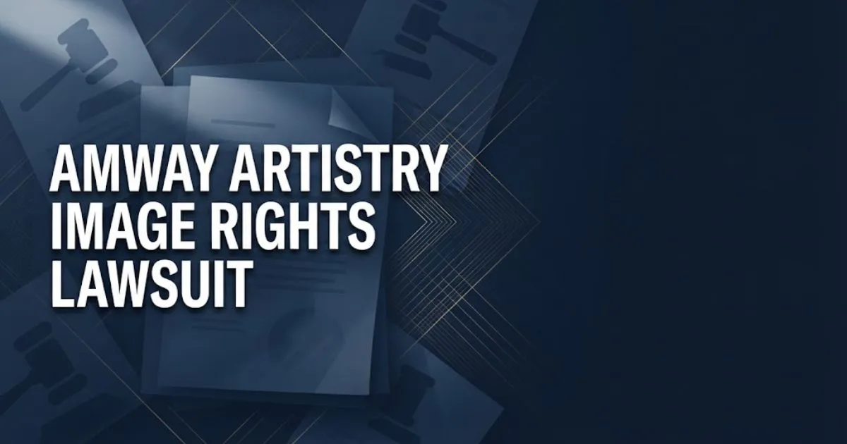 Amway Artistry image rights lawsuit banner with legal documents and gavel silhouette on navy background