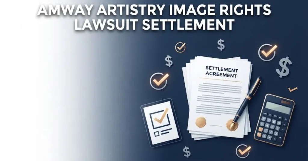 Amway Artistry image rights lawsuit settlement graphic with documents and checklist on navy desk surface
