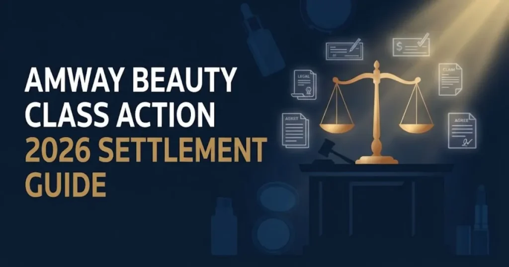 Amway Beauty class action 2026 settlement guide graphic showing courtroom icons and gold legal symbols.