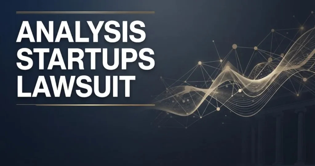 Analysis startups lawsuit hero banner with data network graphics and legal theme in navy and gold