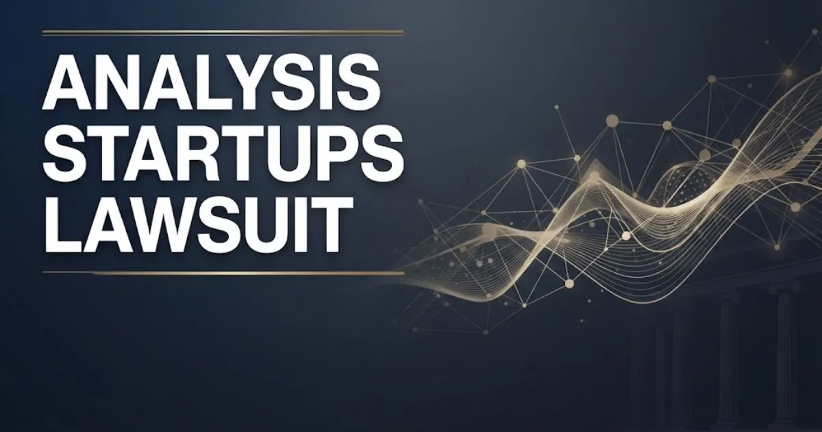 Analysis startups lawsuit hero banner with data network graphics and legal theme in navy and gold